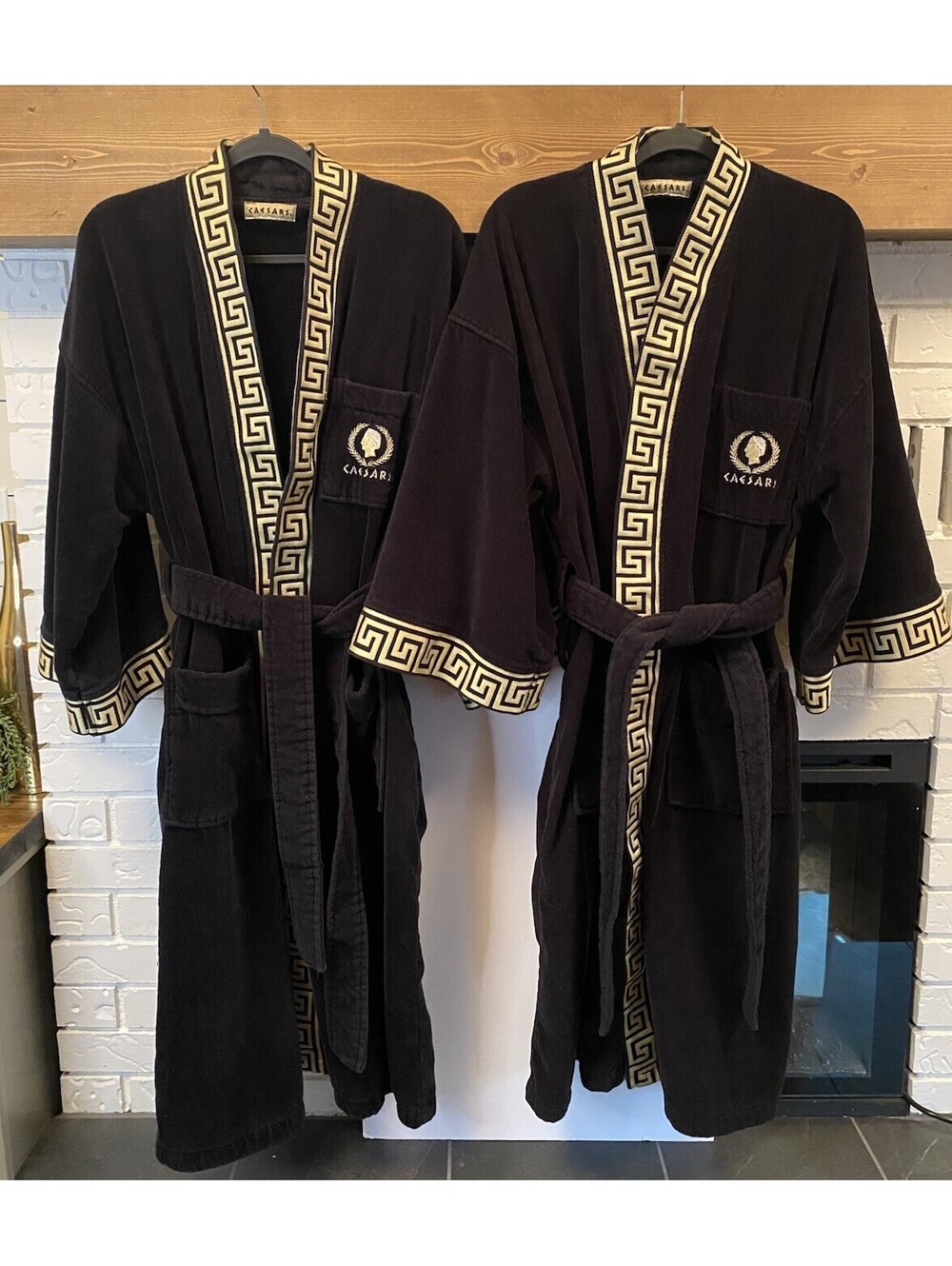 Vintage Y2K Caesars Palace Las Vegas Robe Pair Black Gold Greek Key Sopranos